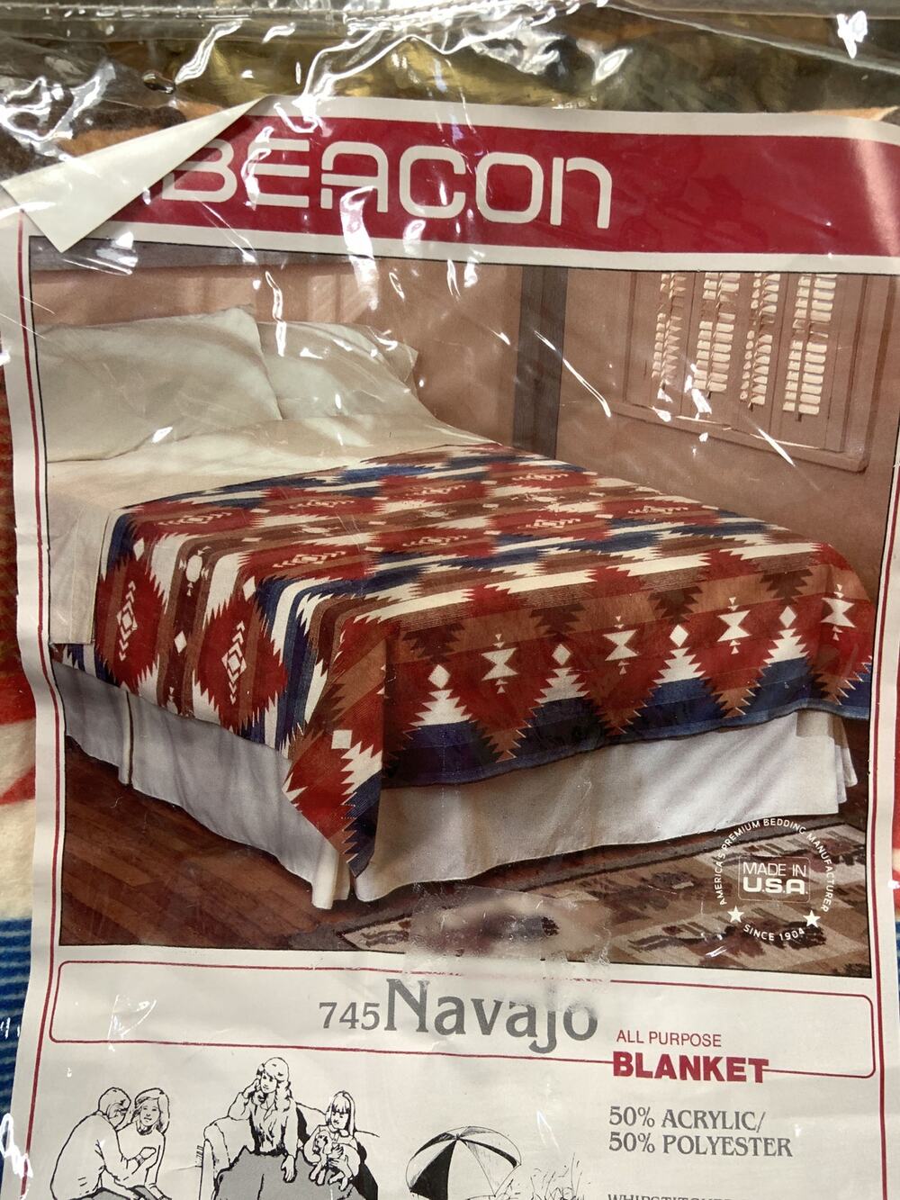 Vtg 70s Beacon Navajo Blanket Twin Full Beach Picnic Made in USA NIP Old Stock
